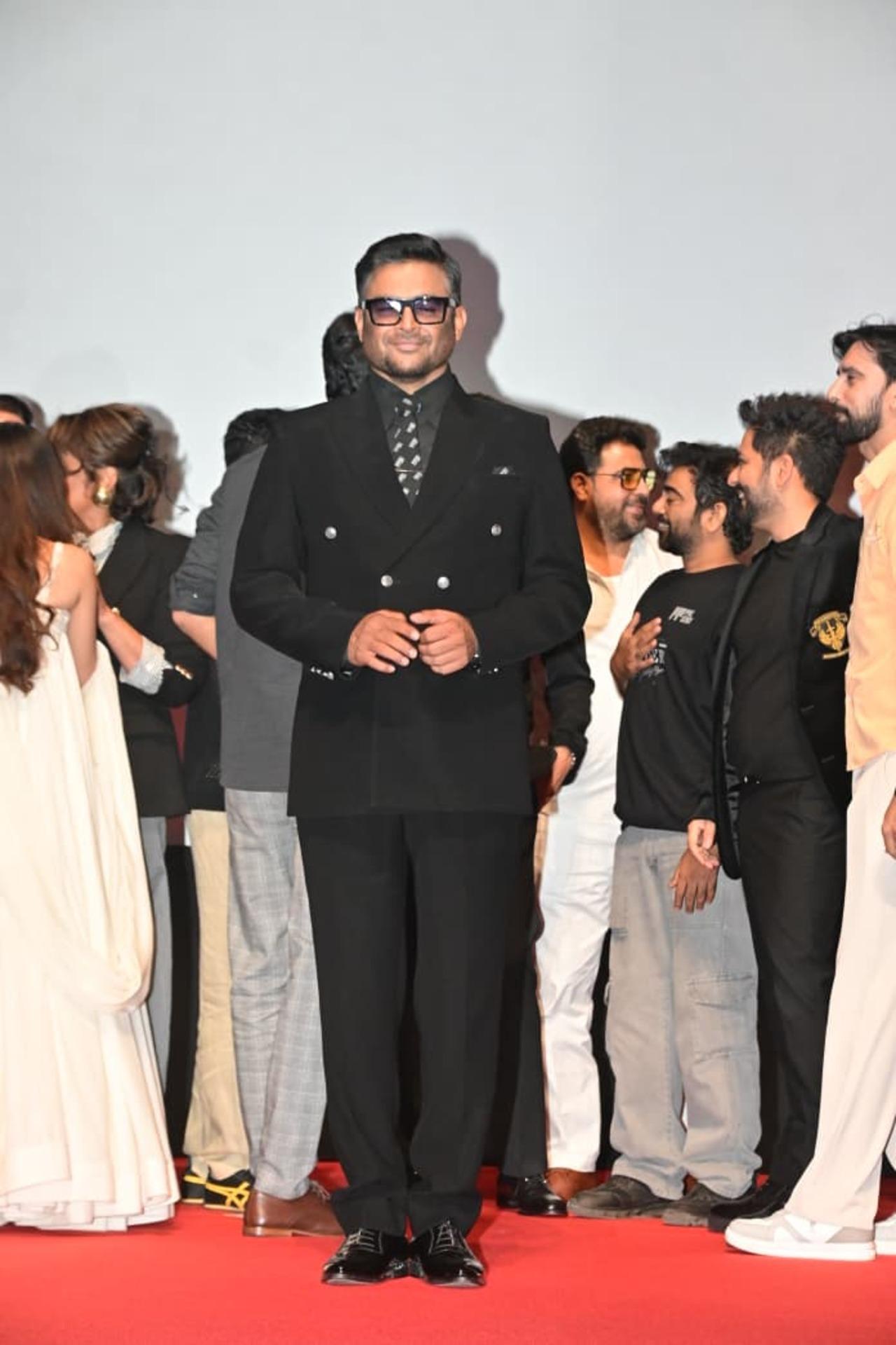 R Madhawan looked dapper in an all-black double-breasted suit at the trailer launch of the film.